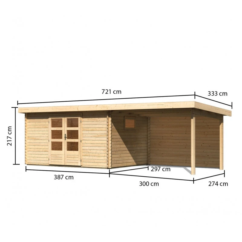 Abri De Jardin 11,49m² En Bois Massif 40mm Trittau 5 Avec Appentis 330cm Et Paroi Arrière – Karibu 2 Abri De Jardin 11,49m² En Bois Massif 40mm Trittau 5 Avec Appentis 330cm Et Paroi Arrière – Karibu – Image 2