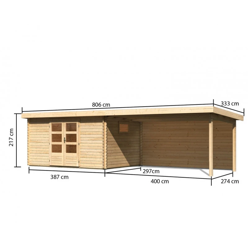 Abri De Jardin 11,49m² En Bois Massif 40mm Trittau 5 Avec Appentis 440cm Et Paroi Arrière – Karibu 2 Abri De Jardin 11,49m² En Bois Massif 40mm Trittau 5 Avec Appentis 440cm Et Paroi Arrière – Karibu – Image 2