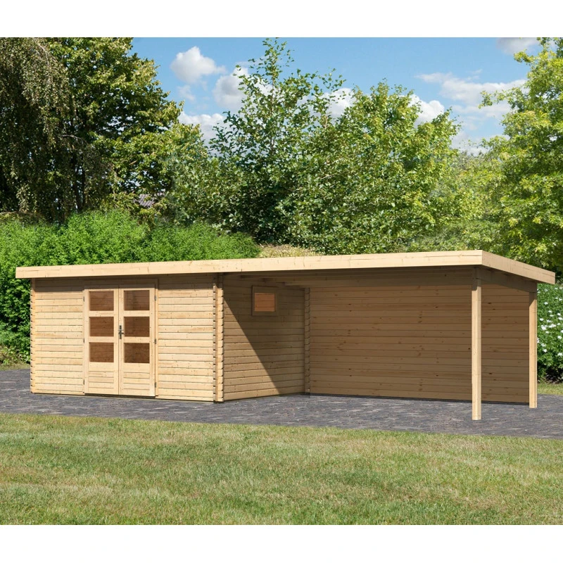 Abri De Jardin 11,49m² En Bois Massif 40mm Trittau 5 Avec Appentis 440cm Et Paroi Arrière – Karibu 1 Abri De Jardin 11,49m² En Bois Massif 40mm Trittau 5 Avec Appentis 440cm Et Paroi Arrière – Karibu