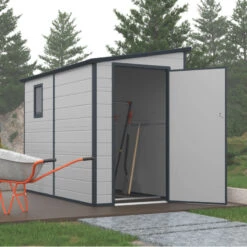 Abri De Jardin Adossé En Résine Gris Clair 3,55m² + Kit De Fondation - JOBU