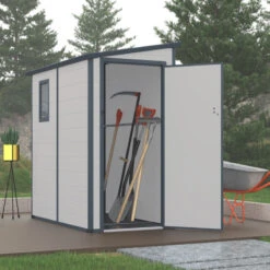 Abri De Jardin Adossé En Résine Gris Clair 2,09m² + Kit De Fondation - JOBU