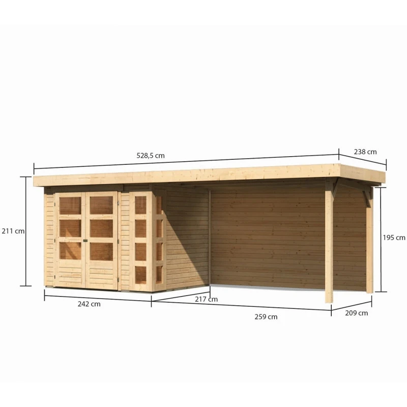 Abri De Jardin En Bois Massif 5,25m² Kerko 3 Avec Appentis 280cm Et Paroi Arrière – Karibu 2 Abri De Jardin En Bois Massif 5,25m² Kerko 3 Avec Appentis 280cm Et Paroi Arrière – Karibu – Image 2
