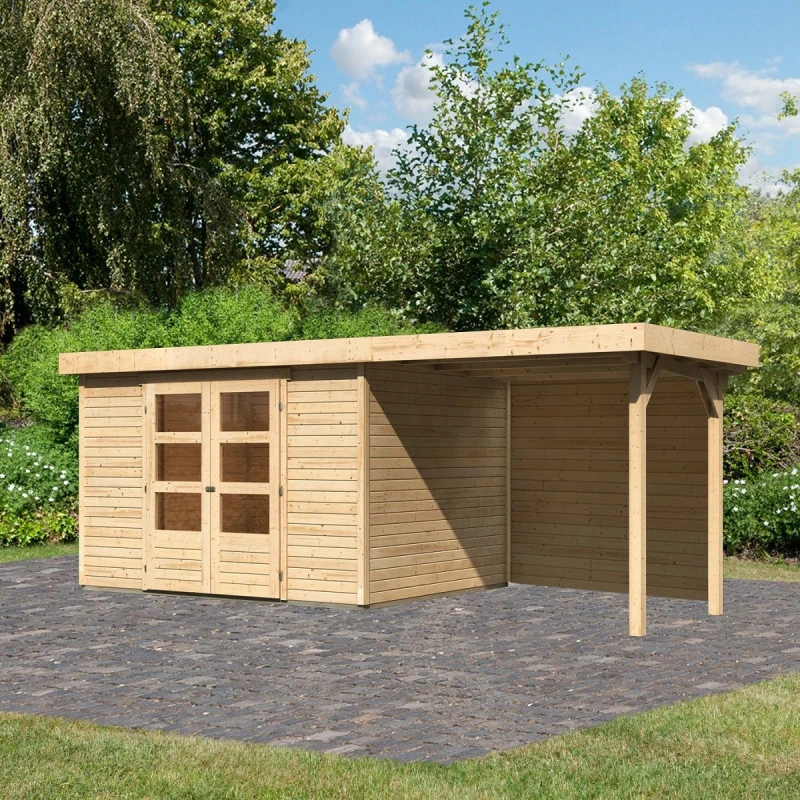 Abri De Jardin En Bois Massif 7,43m² Askola 5 Avec Appentis 240cm Et Paroi Arrière – Karibu 1 Abri De Jardin En Bois Massif 7,43m² Askola 5 Avec Appentis 240cm Et Paroi Arrière – Karibu