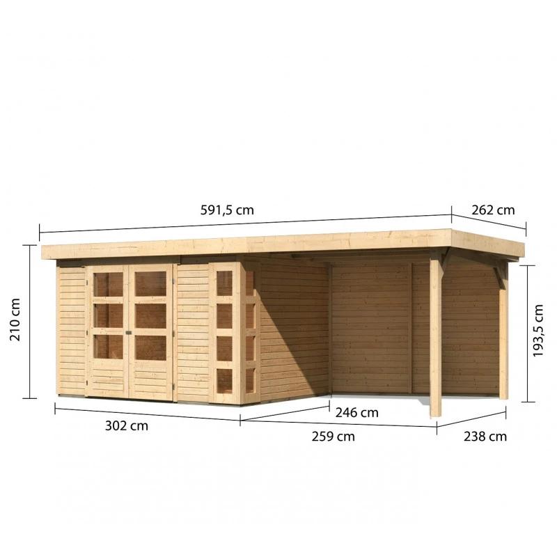 Abri De Jardin En Bois Massif 7,43m² Kerko 5 Avec Appentis 280cm Et Paroi Arrière – Karibu 2 Abri De Jardin En Bois Massif 7,43m² Kerko 5 Avec Appentis 280cm Et Paroi Arrière – Karibu – Image 2
