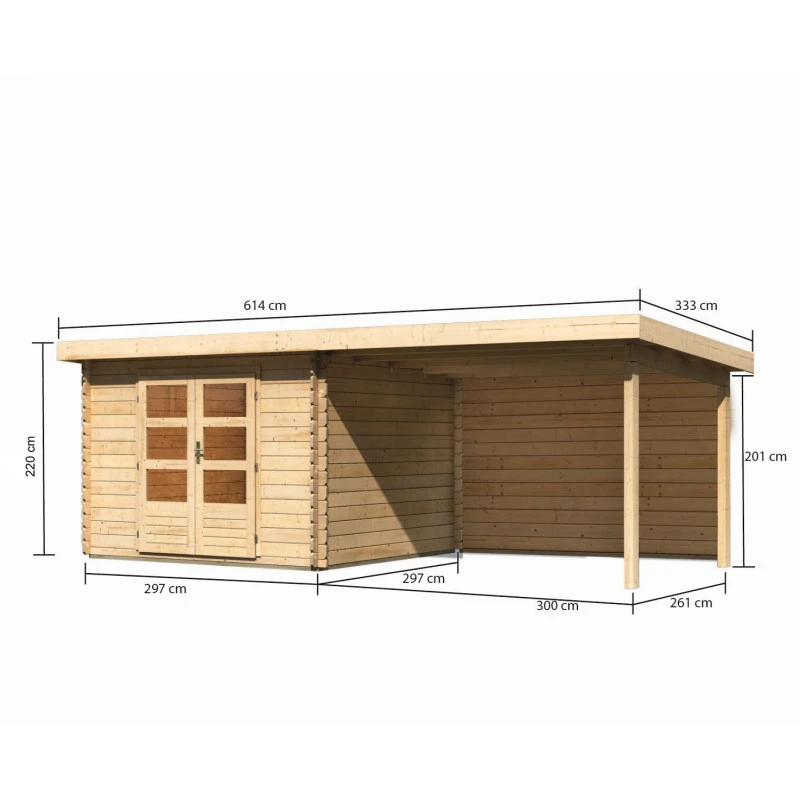 Abri De Jardin En Bois Massif 8,82m² Bastrup 5 Avec Appentis 300cm Et Paroi Arrière – Karibu 2 Abri De Jardin En Bois Massif 8,82m² Bastrup 5 Avec Appentis 300cm Et Paroi Arrière – Karibu – Image 2
