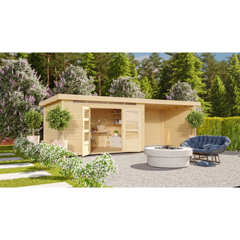 Abri De Jardin En Bois Massif 8,88m² Kandern 7 Avec Appentis 320cm Et Paroi Arrière – Karibu 2 Abri De Jardin En Bois Massif 8,88m² Kandern 7 Avec Appentis 320cm Et Paroi Arrière – Karibu – Image 2
