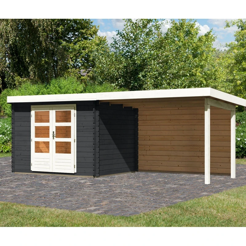 Abri De Jardin En Bois Massif Anthracite 7,04m² Bastrup 3 Avec Appentis 300cm Et Paroi Arrière – Karibu 2 Abri De Jardin En Bois Massif Anthracite 7,04m² Bastrup 3 Avec Appentis 300cm Et Paroi Arrière – Karibu – Image 2