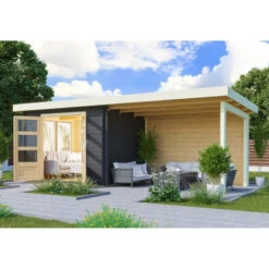 Abri De Jardin En Bois Massif Anthracite 7,04m² Bastrup 3 Avec Appentis 300cm Et Paroi Arrière – Karibu
