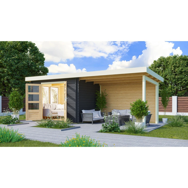 Abri De Jardin En Bois Massif Anthracite 7,04m² Bastrup 3 Avec Appentis 300cm Et Paroi Arrière – Karibu 4 Abri De Jardin En Bois Massif Anthracite 7,04m² Bastrup 3 Avec Appentis 300cm Et Paroi Arrière – Karibu – Image 4