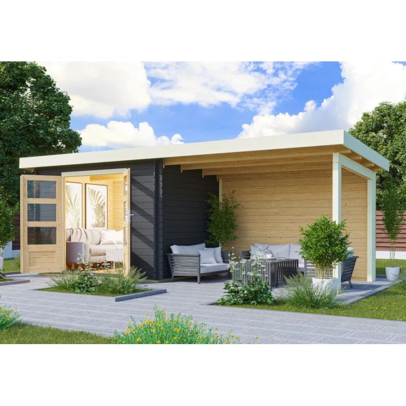 Abri De Jardin En Bois Massif Anthracite 7,04m² Bastrup 3 Avec Appentis 300cm Et Paroi Arrière – Karibu 1 Abri De Jardin En Bois Massif Anthracite 7,04m² Bastrup 3 Avec Appentis 300cm Et Paroi Arrière – Karibu