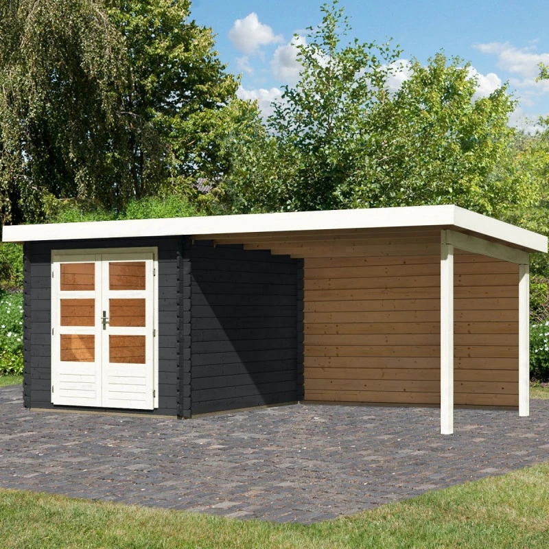 Abri De Jardin En Bois Massif Anthracite 7,04m² Bastrup 4 Avec Appentis 300cm Et Paroi Arrière – Karibu 1 Abri De Jardin En Bois Massif Anthracite 7,04m² Bastrup 4 Avec Appentis 300cm Et Paroi Arrière – Karibu