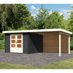 Abri De Jardin En Bois Massif Anthracite 8,82m² Bastrup 5 Avec Appentis 300cm Et Paroi Arrière – Karibu