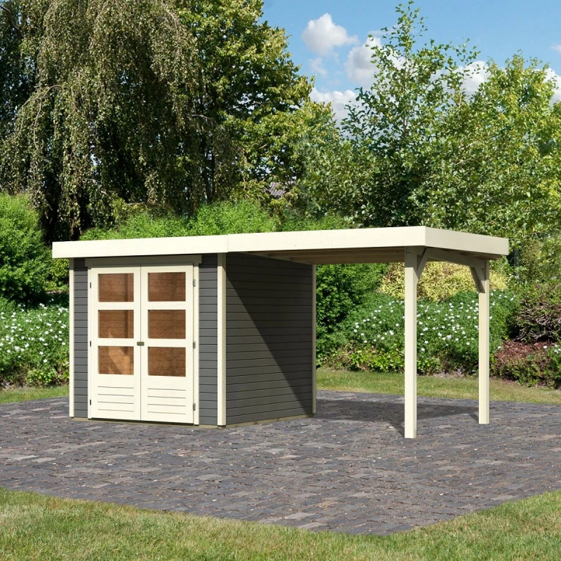 Abri De Jardin En Bois Massif Gris Terre 4,62m² Askola 2 Avec Appentis 240cm – Karibu 1 Abri De Jardin En Bois Massif Gris Terre 4,62m² Askola 2 Avec Appentis 240cm – Karibu