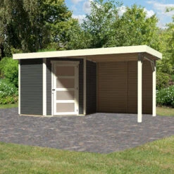 Abri De Jardin En Bois Massif Gris Terre 4,62m² Schwandorf 3 Avec Appentis 240cm Et Paroi Arrière – Karibu