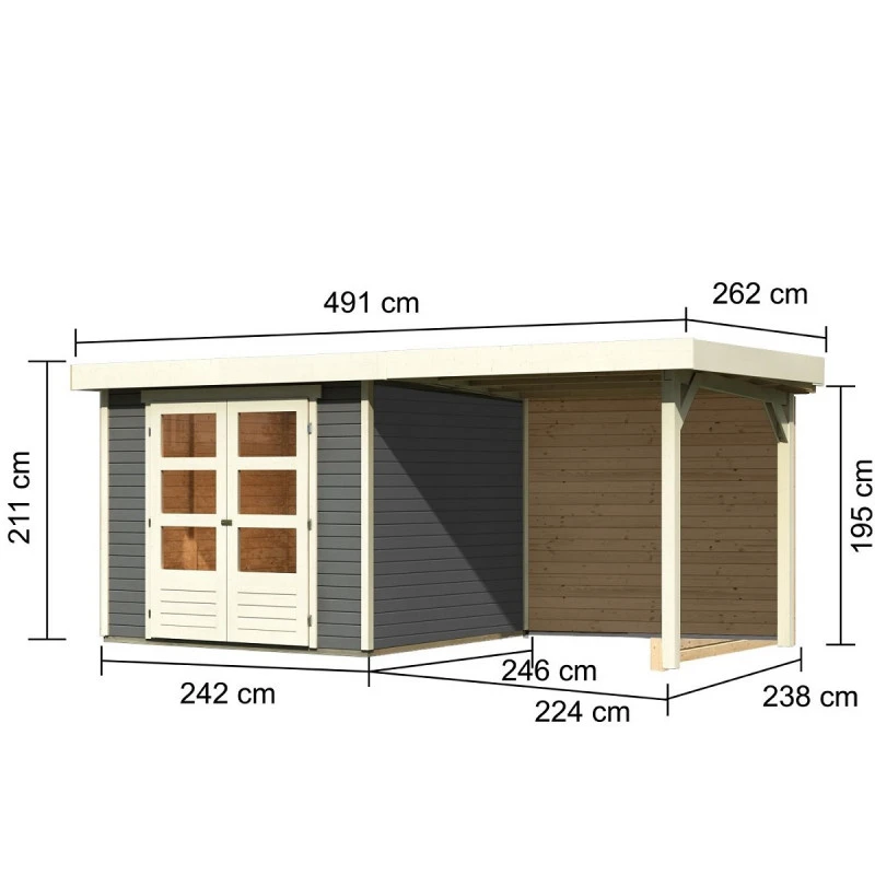 Abri De Jardin En Bois Massif Gris Terre 5,95m² Askola 3,5 Avec Appentis 240cm Et Paroi Arrière - Karibu 2 Abri De Jardin En Bois Massif Gris Terre 5,95m² Askola 3,5 Avec Appentis 240cm Et Paroi Arrière - Karibu – Image 2
