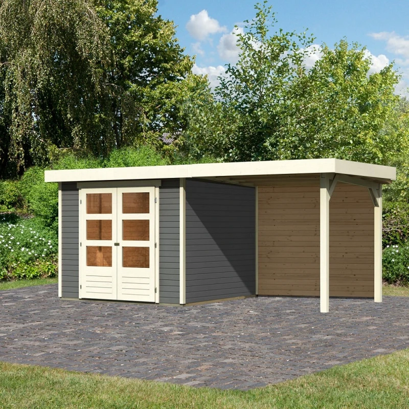 Abri De Jardin En Bois Massif Gris Terre 5,95m² Askola 3,5 Avec Appentis 240cm Et Paroi Arrière - Karibu 1 Abri De Jardin En Bois Massif Gris Terre 5,95m² Askola 3,5 Avec Appentis 240cm Et Paroi Arrière - Karibu