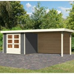 Abri De Jardin En Bois Massif Gris Terre 5,95m² Askola 3,5 Avec Appentis 280cm Et Paroi Arrière – Karibu