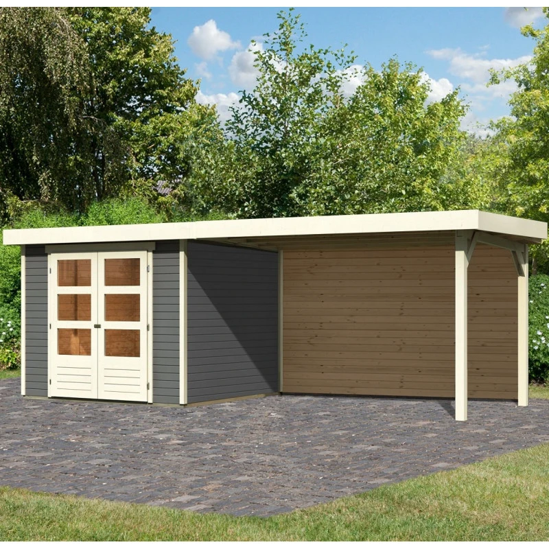 Abri De Jardin En Bois Massif Gris Terre 5,95m² Askola 3,5 Avec Appentis 280cm Et Paroi Arrière – Karibu 1 Abri De Jardin En Bois Massif Gris Terre 5,95m² Askola 3,5 Avec Appentis 280cm Et Paroi Arrière – Karibu