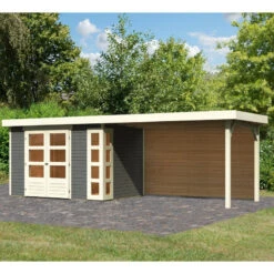 Abri De Jardin En Bois Massif Gris Terre 6,55m² Kerko 4 Avec Appentis 280cm Et Paroi Arrière – Karibu