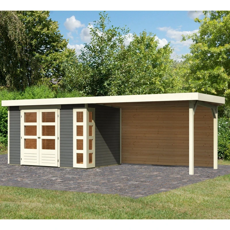 Abri De Jardin En Bois Massif Gris Terre 6,55m² Kerko 4 Avec Appentis 280cm Et Paroi Arrière – Karibu 1 Abri De Jardin En Bois Massif Gris Terre 6,55m² Kerko 4 Avec Appentis 280cm Et Paroi Arrière – Karibu