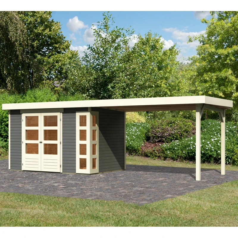 Abri De Jardin En Bois Massif Gris Terre 6,55m² Kerko 4 Avec Appentis 280cm – Karibu 1 Abri De Jardin En Bois Massif Gris Terre 6,55m² Kerko 4 Avec Appentis 280cm – Karibu