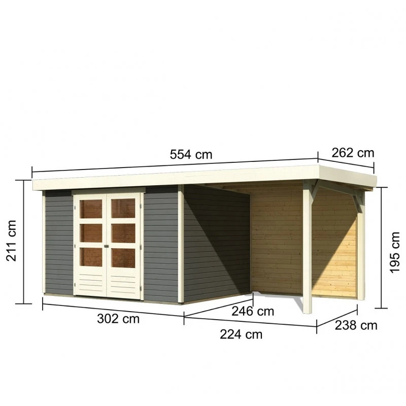 Abri De Jardin En Bois Massif Gris Terre 7,43m² Askola 5 Avec Appentis 240cm Et Paroi Arrière - Karibu 2 Abri De Jardin En Bois Massif Gris Terre 7,43m² Askola 5 Avec Appentis 240cm Et Paroi Arrière - Karibu – Image 2
