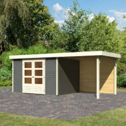 Abri De Jardin En Bois Massif Gris Terre 7,43m² Askola 5 Avec Appentis 240cm Et Paroi Arrière - Karibu