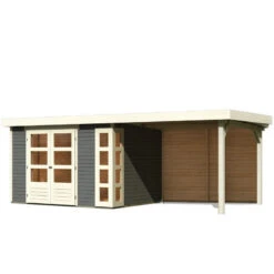 Abri De Jardin En Bois Massif Gris Terre 7,43m² Kerko 5 Avec Appentis 280cm Et Paroi Arrière – Karibu -Jardin Extérieur Boutique abri de jardin en bois massif gris terre 743m kerko 5 avec appentis 280cm et paroi arriere woodfeeling 2