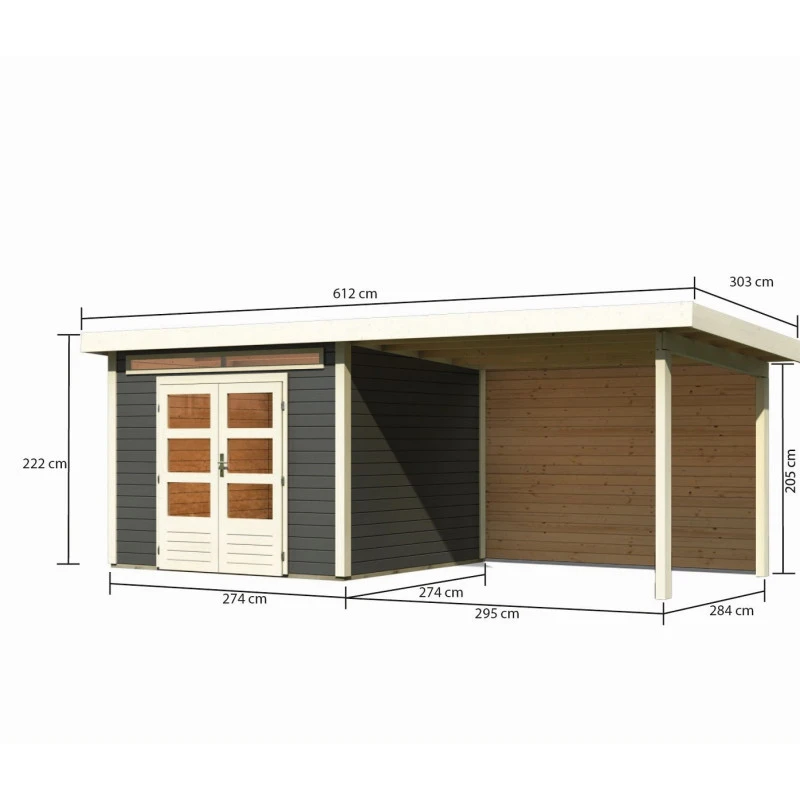 Abri De Jardin En Bois Massif Gris Terre 7,50m² Kandern 6 Avec Appentis 320cm Et Paroi Arrière – Karibu 2 Abri De Jardin En Bois Massif Gris Terre 7,50m² Kandern 6 Avec Appentis 320cm Et Paroi Arrière – Karibu – Image 2