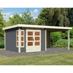 Abri De Jardin En Bois Massif Gris Terre 7,50m² Kastorf 6 Avec Appentis 320cm Et Paroi Arrière – Karibu