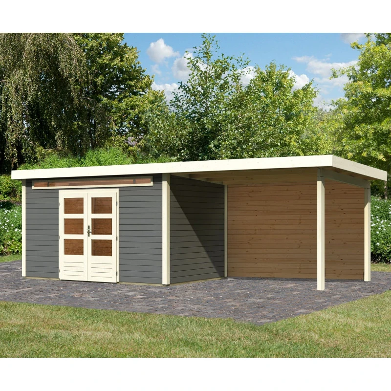 Abri De Jardin En Bois Massif Gris Terre 8,88m² Kandern 7 Avec Appentis 320cm Et Paroi Arrière – Karibu 1 Abri De Jardin En Bois Massif Gris Terre 8,88m² Kandern 7 Avec Appentis 320cm Et Paroi Arrière – Karibu