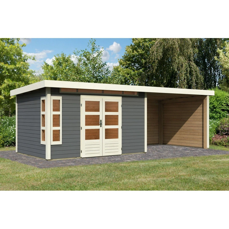 Abri De Jardin En Bois Massif Gris Terre 8,88m² Kastorf 7 Avec Appentis 320cm Et Paroi Arrière Et Latérale – Karibu 1 Abri De Jardin En Bois Massif Gris Terre 8,88m² Kastorf 7 Avec Appentis 320cm Et Paroi Arrière Et Latérale – Karibu