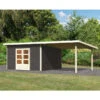Abri Toit Plat 13,60m² Bois Massif Gris Terre 40mm Northeim 5 Avec Appentis 330cm – Karibu