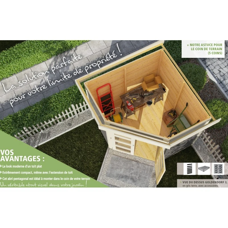Abri Toit Plat 4,62m² Goldendorf 3 + Auvent En Bois Vitrifié Gris 19mm - Karibu 4 Abri Toit Plat 4,62m² Goldendorf 3 + Auvent En Bois Vitrifié Gris 19mm - Karibu – Image 4