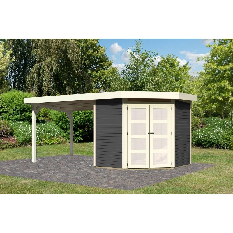 Abri Toit Plat 4,62m² Goldendorf 3 + Auvent En Bois Vitrifié Gris 19mm - Karibu 1 Abri Toit Plat 4,62m² Goldendorf 3 + Auvent En Bois Vitrifié Gris 19mm - Karibu