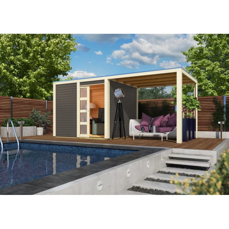 Abri Toit Plat En Bois Massif 19mm Qubic 6,05m² + Appentis 5,6m² Gris Terre - Karibu 1 Abri Toit Plat En Bois Massif 19mm Qubic 6,05m² + Appentis 5,6m² Gris Terre - Karibu