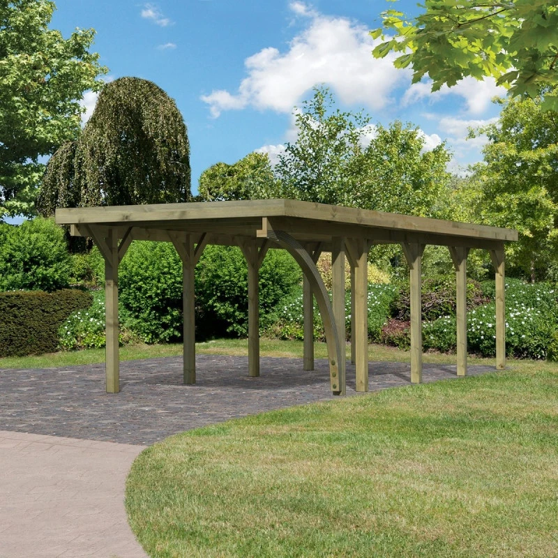 Carport En Bois Autoclave 26,9m² Avec Poteau En Arc Et Toit En Acier – KARIBU 1 Carport En Bois Autoclave 26,9m² Avec Poteau En Arc Et Toit En Acier – KARIBU