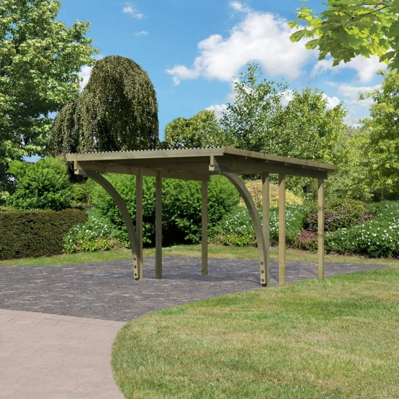 Carport Simple En Bois Autoclave Avec Toit PVC Et 2 Arcs D'entrée 14,9m² - 304x490cm - Karibu 2 Carport Simple En Bois Autoclave Avec Toit PVC Et 2 Arcs D'entrée 14,9m² - 304x490cm - Karibu – Image 2
