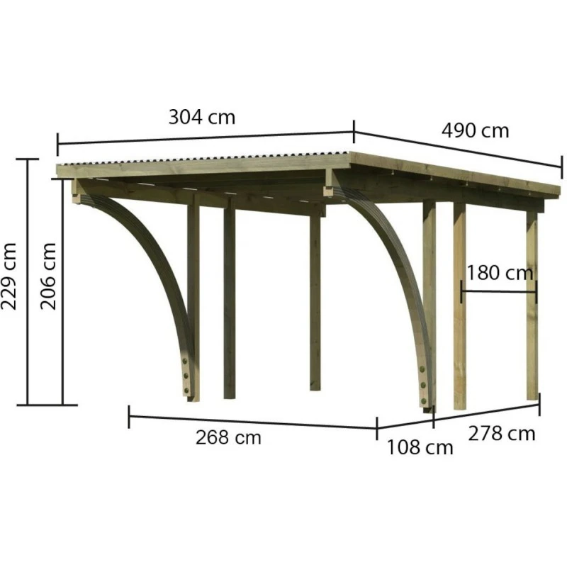 Carport Simple En Bois Autoclave Avec Toit PVC Et 2 Arcs D'entrée 14,9m² - 304x490cm - Karibu 3 Carport Simple En Bois Autoclave Avec Toit PVC Et 2 Arcs D'entrée 14,9m² - 304x490cm - Karibu – Image 3