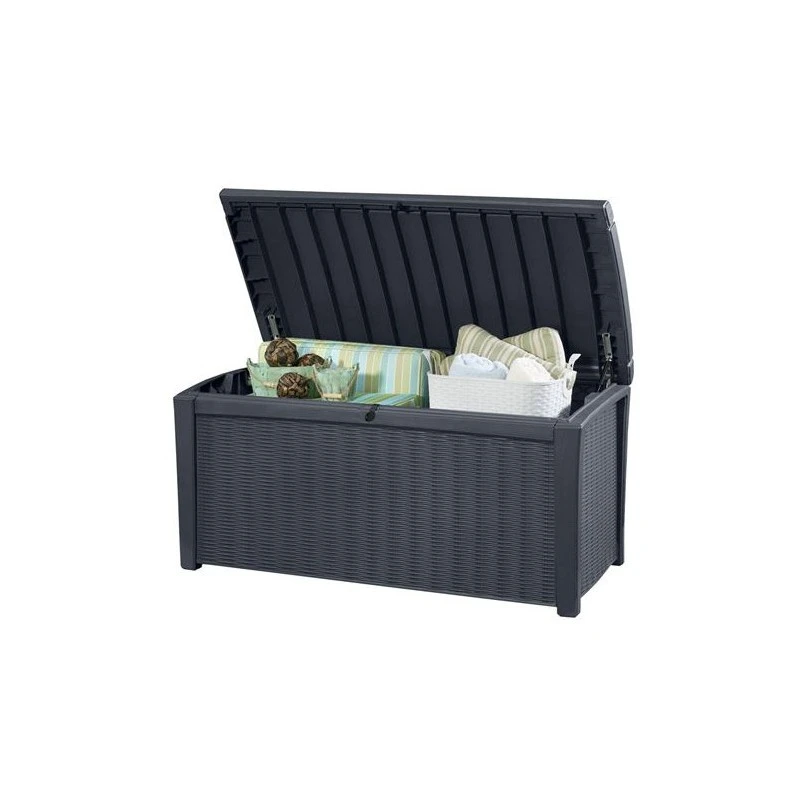 Keter Coffre En Résine Imitation Rotin Tressé Et Bois 400L Anthracite RIO 1 Keter Coffre En Résine Imitation Rotin Tressé Et Bois 400L Anthracite RIO