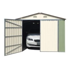 Garage Double Portes Vert Pâle Et Crème 18m² + Kit D'ancrage X-METAL -Jardin Extérieur Boutique garage double portes vert pale et creme 18m kit d ancrage x metal 3