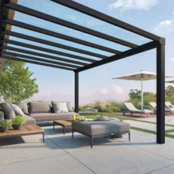 Pergola Adossée Stockholm 350x515cm Aluminium Gris Et Polycarbonate Avec Stores De Toit Rétractables – Palram - Canopia -Jardin Extérieur Boutique pergola adossee stockholm 350x515cm aluminium gris et polycarbonate avec stores de toit retractables palram 1