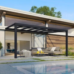 Pergola Adossée Stockholm 350x515cm Aluminium Gris Et Polycarbonate Avec Stores De Toit Rétractables – Palram - Canopia -Jardin Extérieur Boutique pergola adossee stockholm 350x515cm aluminium gris et polycarbonate avec stores de toit retractables palram 2