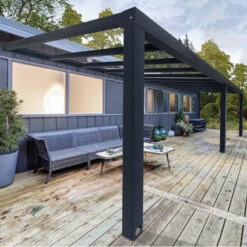 Pergola Adossée Stockholm 350x740cm Aluminium Gris Et Polycarbonate Avec Stores De Toit Rétractables – Palram - Canopia -Jardin Extérieur Boutique pergola adossee stockholm 350x740cm aluminium gris et polycarbonate avec stores de toit retractables palram 1