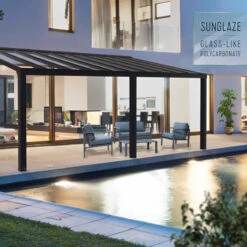 Pergola Adossée Stockholm 350x810cm Aluminium Gris Et Polycarbonate Avec Stores De Toit Rétractables – Palram - Canopia -Jardin Extérieur Boutique pergola adossee stockholm 350x810cm aluminium gris et polycarbonate avec stores de toit retractables palram 1