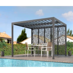 Pergola Bioclimatique Aluminium Anthracite 10,80m² Toit Avec Lames Ovales + 5 Panneaux Moucharabieh Gris Pour Côté 3,60m HABRITA